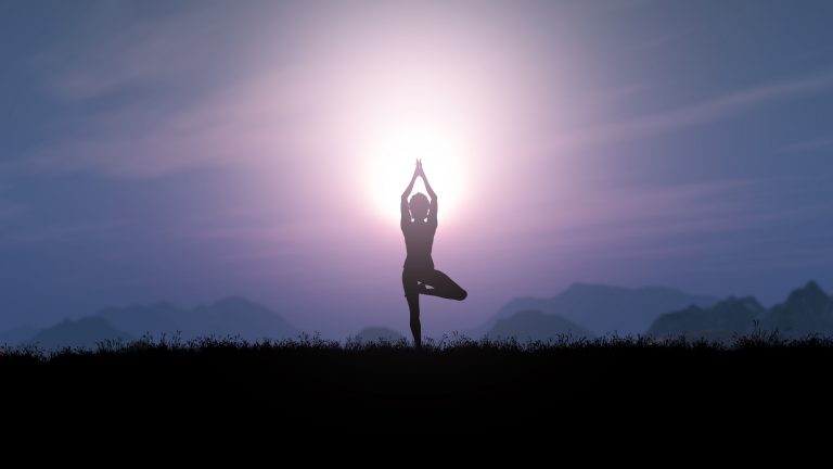 3D render of a female in a yoga pose against a sunset landscape